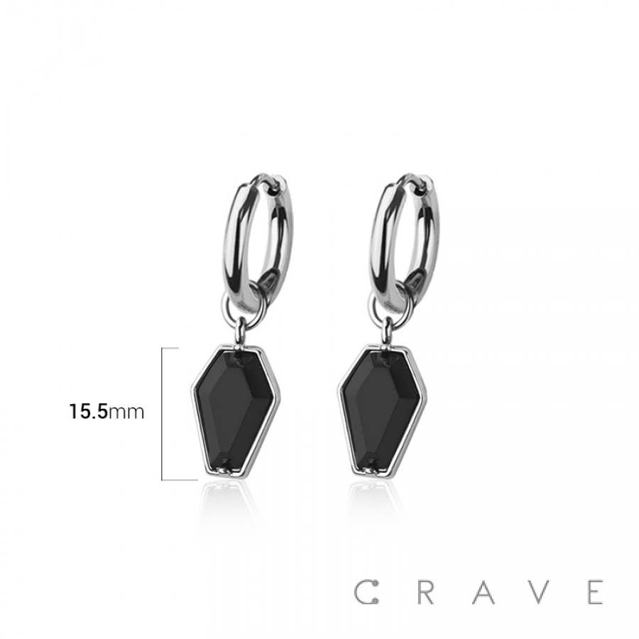 PAIR OF 316L STAINLESS STEEL HUGGIE/HOOP BLACK CZ COFFIN DAN