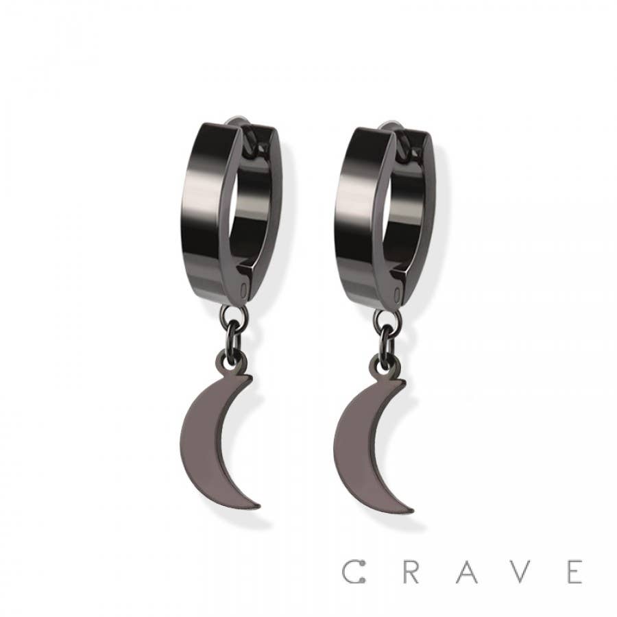 PAIR OF SS UNISEX MINI HOOP EARRING W/CRESCENT DANGLE