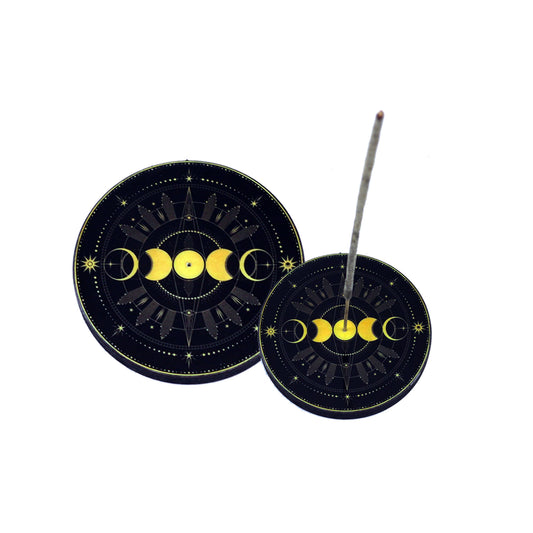 Incense Burner, Round Wooden - Triple Moon (4 in.)