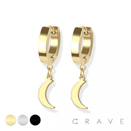 PAIR OF SS UNISEX MINI HOOP EARRING W/CRESCENT DANGLE